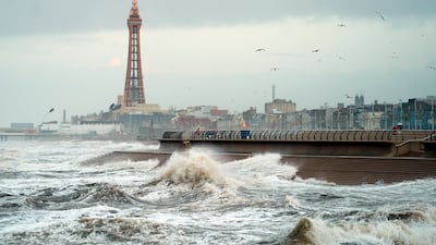 Big waves in Blackpool. Thousands of people have been left without power as Storm Isha brought disruption to the electricity and transport networks across the UK. Picture date: Monday January 22, 2024. PA Photo. The Met Office said the highest recorded wind speed during Storm Isha was 99mph at Brizlee Wood in Northumberland with gusts of 90mph at Capel Curig in Snowdonia on Sunday. See PA story WEATHER Isha. Photo credit should read: Danny Lawson/PA Wire