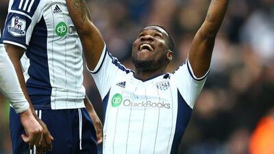 Brown Ideye of West Bromwich Albion celebrates scoring the only goal in his team’s victory against Stoke City in the Premier League on Saturday. Richard Heathcote / Getty Images
