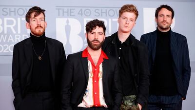 British rock band Foals, comprising of Yannis Philippakis, Jack Bevan, Jimmy Smith and Edwin Congreave, arrive at the Brit Awards 2020 at The O2 Arena on Tuesday, February 18, 2020 in London, England. AFP