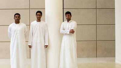 From left, Jaffar Mahmoud, 21, Abduallah Shahab, 21, and Omar Al Khori, 19, students at Zayed University. Christopher Pike / The National