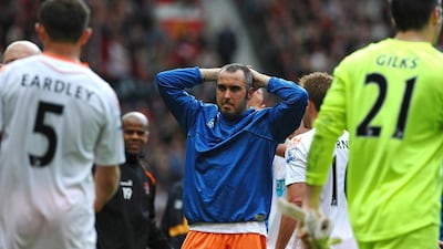 Gary Taylor-Fletcher, then the Blackpool striker, reacts on the day of their relegation in 2011 after a loss to Manchester United.
