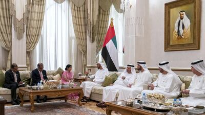 Sheikh Mohamed bin Zayed, Crown Prince of Abu Dhabi and Deputy Supreme Commander of the UAE Armed Forces, right, meets Sushma Swaraj, Minister of External Affairs of India, left, during a Sea Palace barza. Seen with Dr Sultan Ahmed Al Jaber, UAE Minister of State, Chairman of Masdar and CEO of Adnoc Group, second right; Mohamed Mubarak Al Mazrouei, Undersecretary of the Crown Prince Court of Abu Dhabi, third right; Dr Anwar bin Mohamed Gargash, UAE Minister of State for Foreign Affairs, fourth right; Navdeep Singh Suri, Ambassador of India to the UAE, second left. Rashed Al Mansoori / Ministry of Presidential Affairs
