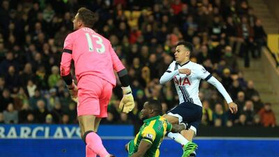 Dele Alli of Spurs scores his team’s first goal on Tuesday night against Norwich City in the Premier League. Stephen Pond / Getty Images