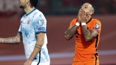 Memphis Depay of Netherlands reacts at the final whistle. A 2-0 victory saw the Dutch qualify for the 2022 World Cup. EPA