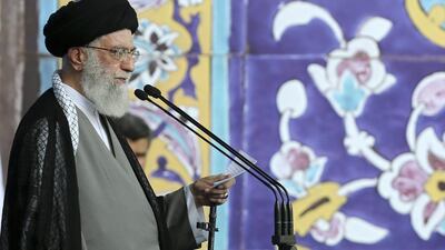 Iran's supreme leader Ayatollah Ali Khamenei delivers his sermon during the Eid al-Fitr prayer at the Imam Khomeini Grand Mosque in Tehran. Office of the Iranian Supreme Leader / AP Photo.