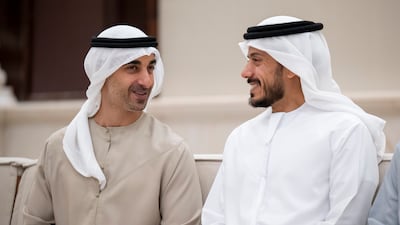 Sheikh Hamdan bin Mohamed and Sheikh Sultan bin Tahnoon, Chairman of the Board of the Frontline Heroes Office. Omar Al Askar / UAE Presidential Court