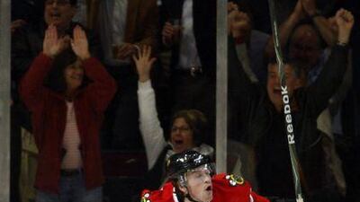 The Chicago Blackhawks' Jack Skille celebrates a first-period goal against the Edmonton Oilers.