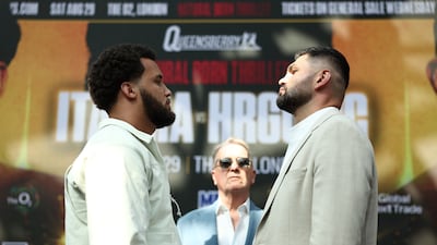 Moses Itauma, left, and Filip Hrgovic face off ahead of their IBF world title fight. Getty Images