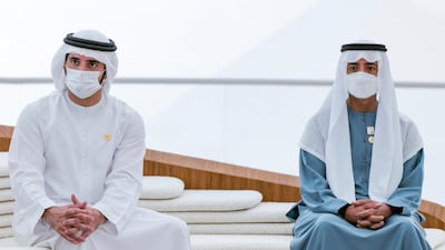 Shiekh Hamdan bin Mohammed, Crown Prince of Dubai, left, was in attendance as President of Israel Isaac Herzog, not pictured, visited Expo 2020 Dubai. Photo: Twitter
