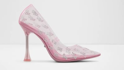 Monogrammed high heels with a glittery sole, Dh799, www.aldoshoes.me. Photo: Aldo / Mattel 2023
