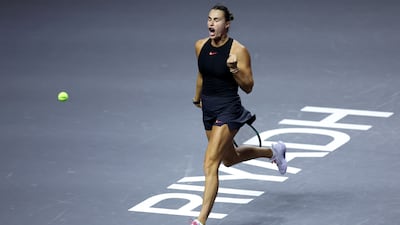 Aryna Sabalenka celebrates a point against Zheng Qinwen on day one of the 2024 WTA Finals at the King Saud University Indoor Arena in Riyadh. Getty Images