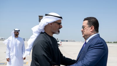 Sheikh Khaled bin Mohamed, Crown Prince of Abu Dhabi and Chairman of Abu Dhabi Executive Council, receives Mr Al Sudani upon arrival at the Presidential Airport