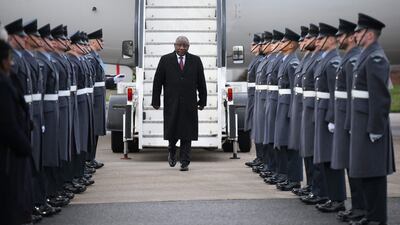 South Africa's President Cyril Ramaphosa arrives at Stansted airport in London on Monday. AFP
