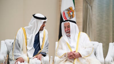 Sheikh Mohamed with Sheikh Dr Sultan at the reception in Abu Dhabi