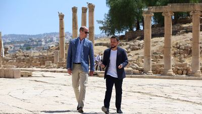 Prince William, Duke of Cambridge and Crown Prince Hussein of Jordan visit the Jerash archaeological site on June 25, 2018 in Amman, Jordan. Ian Vogler / Getty