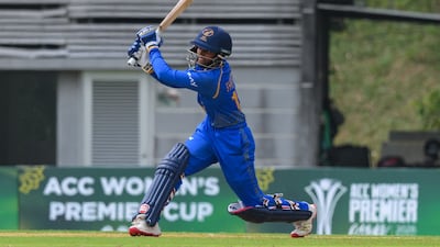 Theertha Satish hits a boundary against Saudi Arabia in the ACC Women's Premier Cup in Malaysia. Photo: ACC