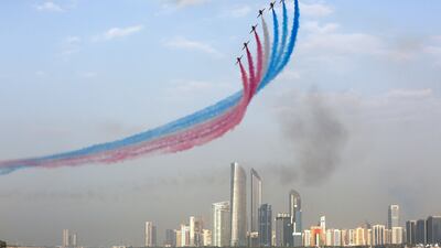 The Red Arrows put on an aerial display while a Middle East tour to promote Global Britain and trade talks.