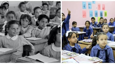 A combination picture shows students attending a lesson inside a classroom in Jabal el-Hussein camp in Amman, Jordan, in this handout photo believed to be taken in 1971 and schoolchildren attending a lesson in a classroom at one of the UNRWA schools at Jabal el-Hussein Palestinian refugee camp in Amman, Jordan, September 29, 2019. REUTERS