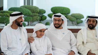 (L-R) Sheikh Nahyan bin Zayed, Chairman of the Board of Trustees of Zayed bin Sultan Al Nahyan Charitable and Humanitarian Foundation, Sheikh Tahnoon bin Mohammed, Sheikh Hamdan bin Zayed, Ruler’s Representative in Al Dhafra Region, and Sheikh Tahnoon bin Mohammed, Ruler's Representative in Al Ain Region, attend a Sea Palace barza. Mohammed Al Hammadi / Ministry of Presidential Affairs