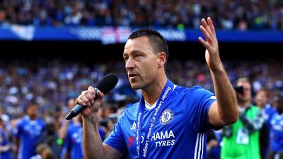 John Terry of Chelsea speaks to the supporters after the Premier League match between Chelsea and Sunderland at Stamford Bridge on May 21, 2017 in London, England. Clive Rose / Getty Images