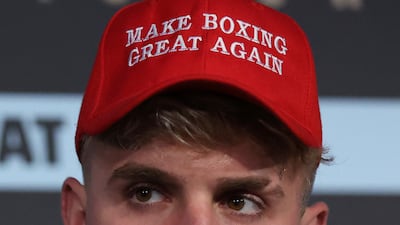 Jake Paul wears a 'Make Boxing Great Again' cap during a press conference in London to promote the upcoming fight between Katie Taylor and Amanda Serrano. It is set to be the first women's boxing match to headline Madison Square Garden. AP