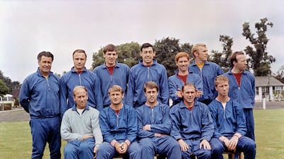 The England team at the 1966 World. From left, back row: trainer Harold Shepherdson, George Cohen, Martin Peters, Gordon Banks, Alan Ball, Bobby Moore, Nobby Stiles; (from left, front row) Bobby Charlton, Roger Hunt, Geoff Hurst, Ray Wilson, Jack Charlton. PA