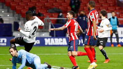 Atletico Madrid's Angel Correa scores their third goal in a 3-1 win. Reuters