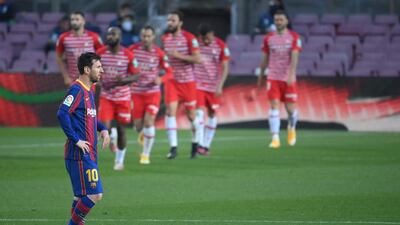 Barcelona's Argentinian forward Lionel Messi after Granada's Spanish forward Jorge Molina scored during the Spanish League football match between Barcelona and Granada at the Camp Nou stadium in Barcelona. AFP