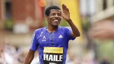 Haile Gebrselassie of Ethiopia crosses the finish at the Great Manchester Run on Sunday. Andrew Boyers / Action Images / Reuters / May 10, 2015