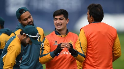 Naseem Shah of Pakistan reacts during a training session. AP