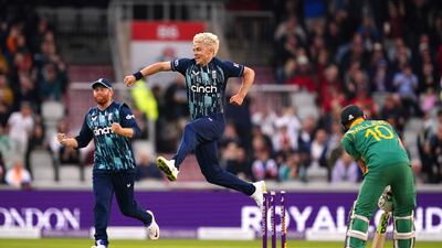 Sam Curran celebrates taking the wicket of South Africa's David Miller at Emirates Old Trafford. PA