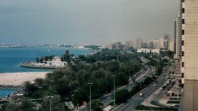 Abu Dhabi Corniche taken between 1990 and 1993. The Volcano Fountain can be seen on left. This landmark was demolished in 2004 as part of the Corniche upgrade project. Photo: Michael Oakes