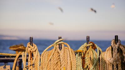Coiled ropes hang from posts aboard fishing boat 'About Time'. Bloomberg