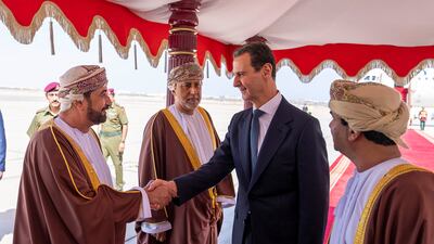 Mr Al Assad was met by Sultan Haitham and other dignitaries in Muscat. Photo: Oman News Agency