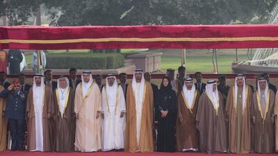 (R-L) Sultan bin Saeed Al Mansouri, Minister of Economy, Saqr bin Ghobash Saeed Ghobash, Minister of Human Resources and Emiratisation, Dr Anwar Gargash, Minister of State for Foreign Affairs, Suhail bin Mohamed Faraj Faris Al Mazrouei, Minister of Energy, Reem Ibrahim Al Hashemi, Minister of State for International Cooperation, and Dr Sultan Al Jaber, Minister of State Chairman of Masdar and Chairman of the Abu Dhabi Ports Company (ADPC), Ali Al Shamsi, Deputy Secretary-General of the Supreme National Security Council, Khaldoon Al Mubarak, chief executive and Managing Director of Mubadala and Chairman of the Abu Dhabi Executive Affairs Authority (EAA), Mohammed Al Owais, UAE’s Ambassador to India, Mohammed Al Mazrouei, Undersecretary of the Crown Prince Court of Abu Dhabi, and Maj Gen Ibrahim Al Alawi, Commander of the Air Forces and Air Defence attend an official reception at Rashtrapati Bhavan, the official Presidential Residence in India. Ryan Carter / Crown Prince Court — Abu Dhabi