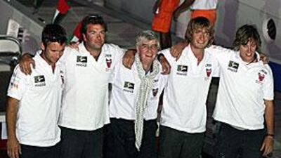 The British sailors, from left - Sam Usher, Oliver Smith, David Bloomer, Oliver Young and Luke Porter - arrived in Dubai last night.