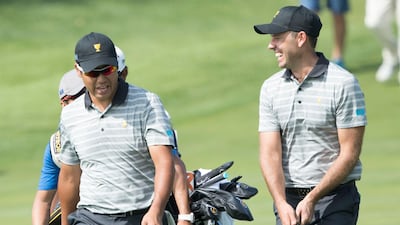 Hideki Matsuyama, left, is the highest ranked player in the International team at No 3. Charl Schwartzel, right, is ranked No 27. Bill Streicher / Reuters