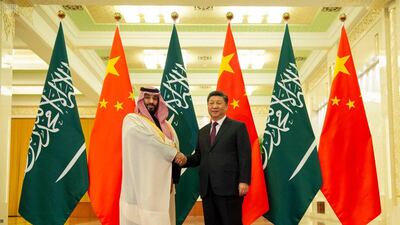 Saudi Crown Prince Mohammad bin Salman shakes hands with China president Xi Jinping in Beijing. Courtesy Saudi Press Agency