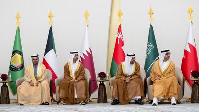 Sheikh Abdullah, Sheikh Theyab bin Mohamed, chairman of the Office of Development and Martyrs' Families Affairs at the Presidential Court, Sheikh Hamdan bin Mohamed and Sheikh Mohamed bin Hamad, private affairs adviser in the Presidential Court, attend a reception in Doha. Mohamed Al Hammadi / Presidential Court