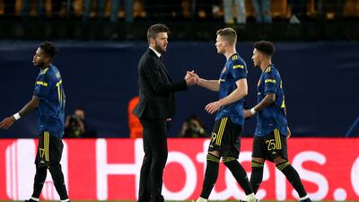 Manchester United interim manager Michael Carrick greets Scott McTominay after the UEFA Champions League Group F match at the Estadio de la Ceramica in Villarreal, Spain. PA