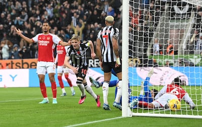 Newcastle's Anthony Gordon celebrates after scoring the winner against Arsenal. Getty Images