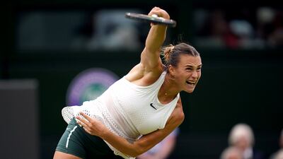 Aryna Sabalenka serves against Ons Jabeur at the All England Club in Wimbledon. PA
