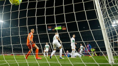 Barcelona's Nico Gonzalez scores their third goal. Reuters