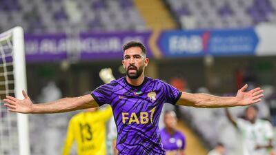 Al Ain’s Tunisian defender Yasin Meriah celebrates after finding the net against Emirates in the Adnoc Pro League. Courtesy PLC