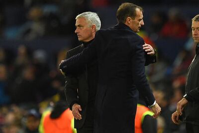 Manchester United manager Jose Mourinho, left, paid tribute to Juventus and their manager Massimiliano Allegri after the game. AFP