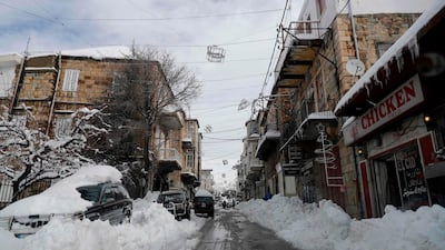 A snow-covered street in the village of Hasroun in the Lebanese mountains north of Beirut. AFP