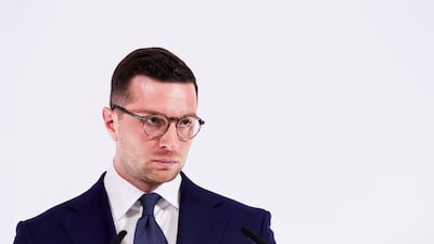 Jordan Bardella, leader of France's far-right National Rally, delivers his 'new year's greetings' in Paris on January 12, the day before his mentor Marie Le Pen began a court appeal. EPA
