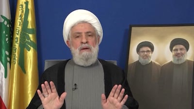 Lebanon's Hezbollah leader Sheikh Naim Qassem delivers a speech from an unknown location, November 20, 2024 in this still image from video. Al Manar TV via Reuters