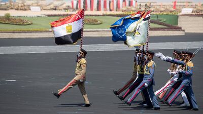 EL HAMAM, MATROUH GOVERNORATE, EGYPT - July 22, 2017: Members of the Egyptian Armed Forces participate in the inauguration of the Mohamed Naguib Military Base. ( Mohamed Al Hammadi / Crown Prince Court - Abu Dhabi ) ---