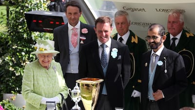 Sheikh Mohammed bin Rashid, Queen Elizabeth II and Charlie Appleby during day five of Royal Ascot at Ascot Racecourse. Jonathan Brady / PA Wire